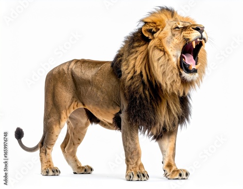 Majestic male lion roaring standing isolated