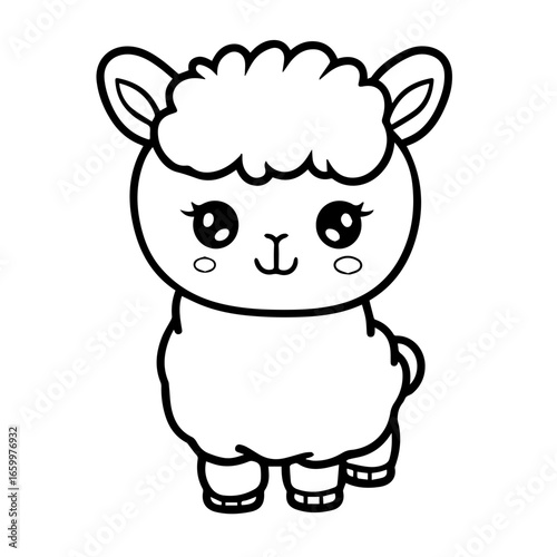 Cute black vector illustration of a happy cartoon alpaca with a fluffy coat standing cheerfully
