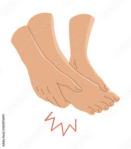 Vector illustration of foot pain with highlighted painful area. Isolated flat style medical concept for health, podiatry, arthritis, injury or anatomy design