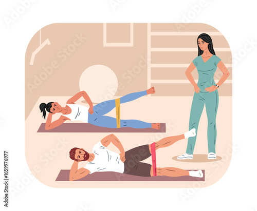Man and woman perform side lying leg exercise with resistance band under physiotherapist supervision. Flat vector illustration for rehab, therapy and fitness training