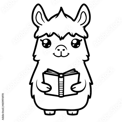 Cute black vector illustration of a happy llama reading a book with a cheerful expression and fluffy appearance