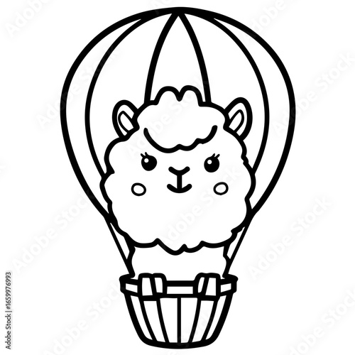 Cute alpaca in a hot air balloon expressing a playful attitude during a whimsical adventure