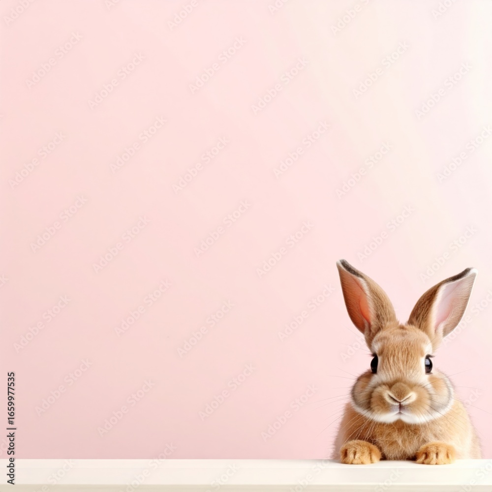 Obraz premium a curious bunny rabbit peek-a-boos and looks directly at the camera against a soft pink backdrop. This scene evokes feelings of whimsy and joy