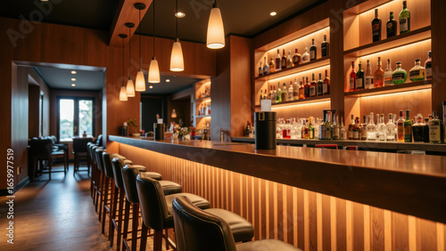 Modern bar interior with wooden accents, stylish lighting, and variety of spirits displayed on shelves. cozy atmosphere invites relaxation