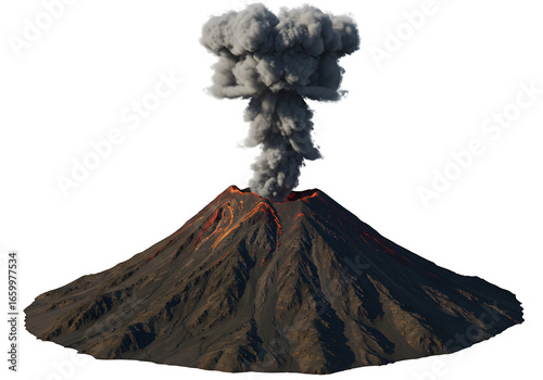 Active volcano mountain peak isolated on white or transparent background. PNG