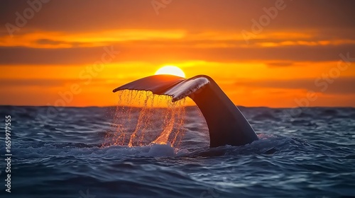 Whale Tail Silhouette Against Sunset Ocean Sky