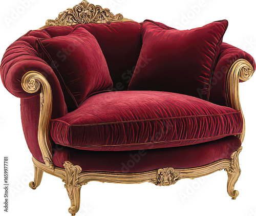 Single seater armchair in rich burgundy velvet with gold ornate carved frame and plush cushions