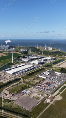 Eemshaven data center in the Netherlands, cloud services, big data infrastructure, sustainability, and digital energy. Aerial view.