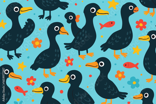 Cute seamless pattern with cartoon black cormorants, fish, and flowers
