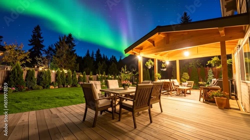 Wallpaper Mural Stunning Aurora Borealis Displaying Above a Cozy Outdoor Patio and Luxurious Home Setting Torontodigital.ca