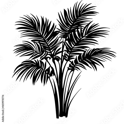 Black vector illustration of lush palm leaves grouped together creating a tropical vibe and nature-inspired design element