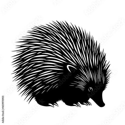 Unique black vector illustration of an echidna, showcasing its distinctive spines and adorable features in a minimalist style