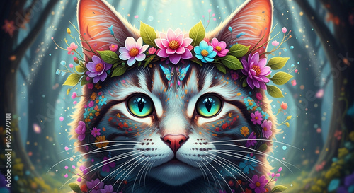 A whimsical tabby cat with bright green eyes wears a colorful flower crown. This AI-generated portrait is set against a blurred, magical forest background.

