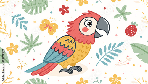 Colorful Parrot with Tropical Foliage and Whimsical Accents