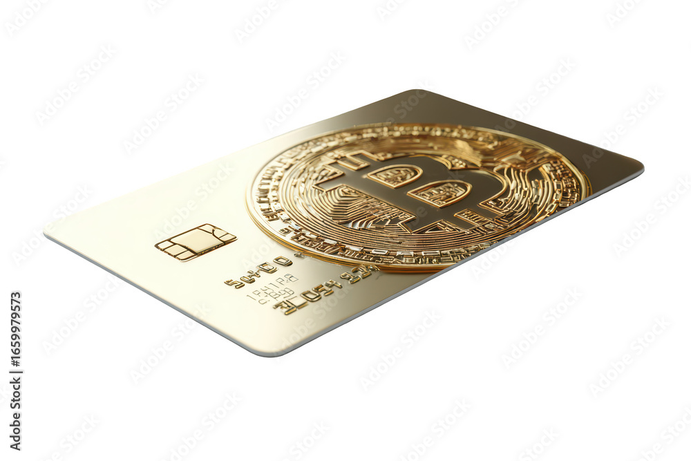 Fototapeta premium Golden Bitcoin superimposed over a credit card, isolated on black