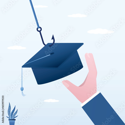 Graduate hat on fishing hook, student hand want catch cap. Bait, students as victims bad education, expensive cost of student loan. Marketing, strategies for educational deception.