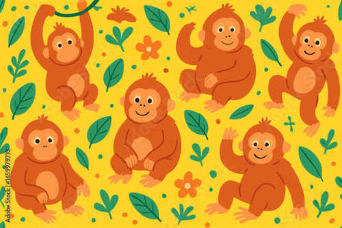 Sweet orangutan illustrations, playful primates with tropical leaves and blossoms