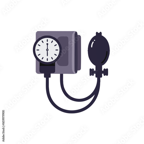 A simple 2D flat vector illustration of a minimalist blood pressure cuff, rendered in solid colors on a clean white background, depicting medical health and wellness.