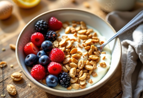 Wallpaper Mural energy rich breakfast bowl with oatmeal yogurt berries nuts seeds cinematic realism morning sunlight protein carbs vitamins minerals for fitness performance and active lifestyle. Torontodigital.ca