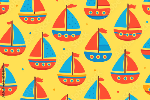 Seamless pattern of cute cartoon sailboats on a yellow background