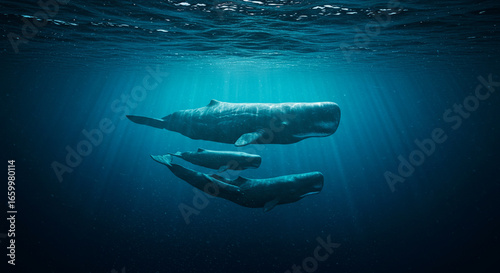 Two large marine mammals gracefully glide through the deep ocean, their massive bodies contrasting with the surrounding dark blue water, creating a captivating underwater scene.