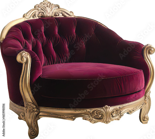 Round tufted burgundy velvet chaise lounge with ornate gold carved frame on a white background