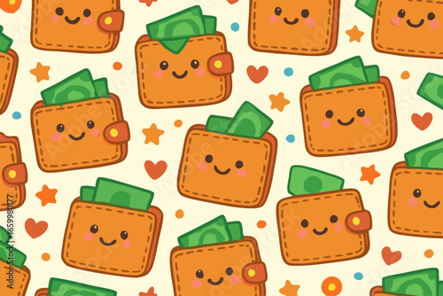 Cute Cartoon Wallets with Money Seamless Pattern
