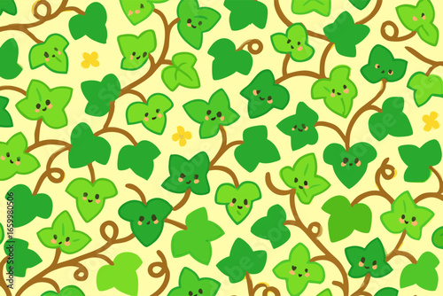Whimsical Green Ivy Vines and Happy Leaves Create a Delightful Nature Pattern