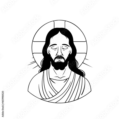Portrait of a serene figure resembling a religious leader with long hair and robe, embodying peace and wisdom in meditative pose