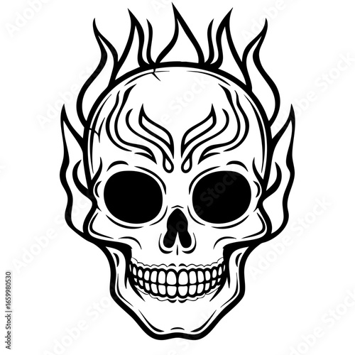 Stylized skull design featuring flame motifs, ideal for tattoo and graphic art enthusiasts