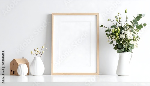 Minimalist Composition: Wooden Frame, Flowers, and Decorative Objects on White Surface
