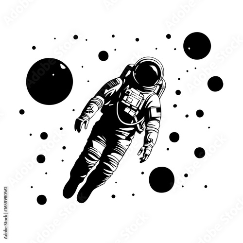 Floating astronaut in space surrounded by black planets and stars in a cosmic scene
