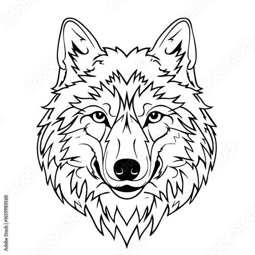 Detailed black vector illustration of a wolf head with expressive features and intricate fur design