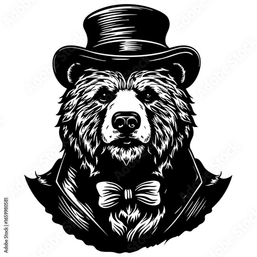 Elegant bear wearing a top hat and bow tie, showcasing a blend of nature and sophistication in a creative design