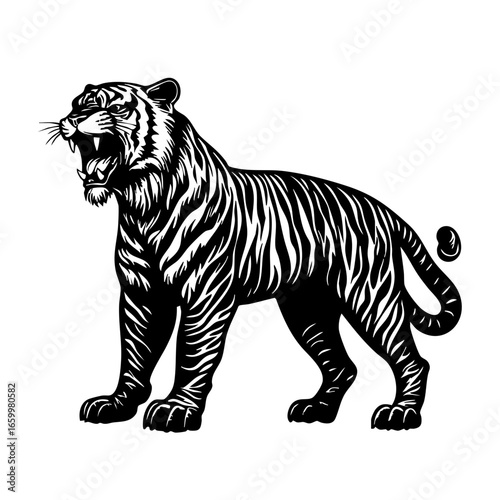 Black vector illustration of a roaring tiger showing strength and power in a dynamic pose