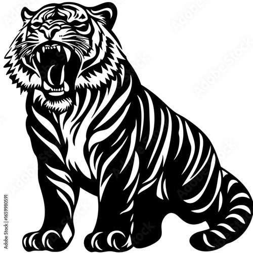 Roaring tiger vector design showcasing intricate details and fierce expression, ideal for prints and graphics