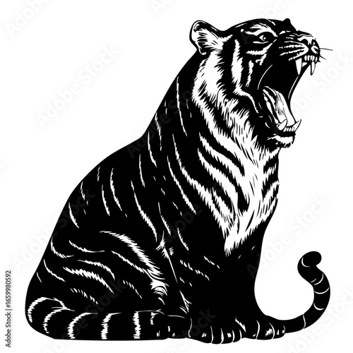 Majestic roaring tiger in striking black vector design capturing wild essence and power of a fierce predator