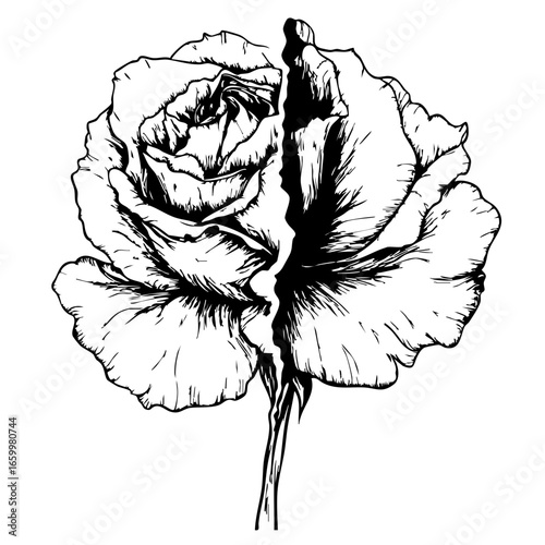 Detailed vector illustration of a rose split in half, showcasing intricate lines and delicate petals, symbolizing beauty and fragility