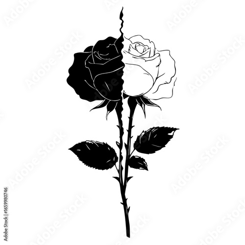 Black and white rose design symbolizing duality in love and nature with delicate petals and thorns