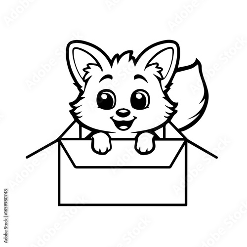 Playful fox character peeking out from a cardboard box with an adorable expression and perked ears