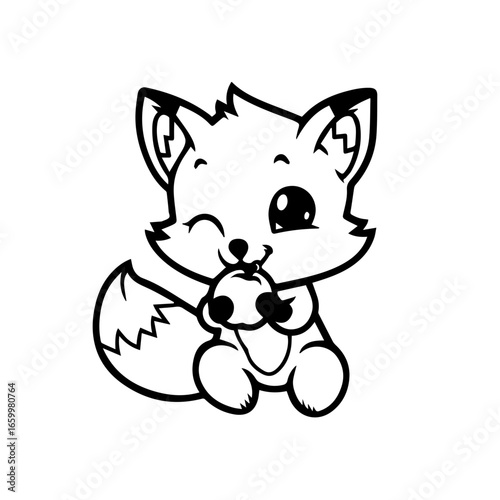 Cute cartoon fox character happily enjoying an apple with a playful expression and fluffy tail