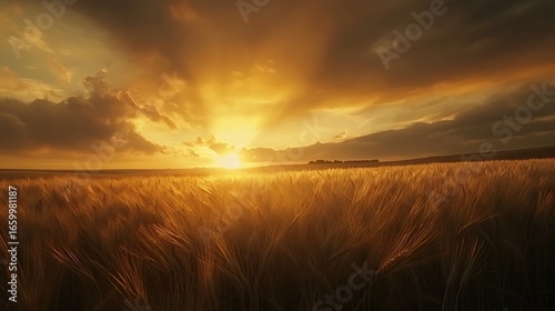 Golden Wheat Field Sunset Dramatic Sky Landscape