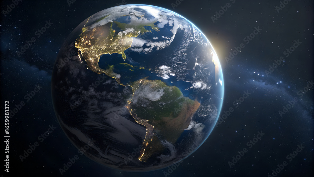 Fototapeta premium Earth from space view showing north america and south america with city lights and atmosphere glow