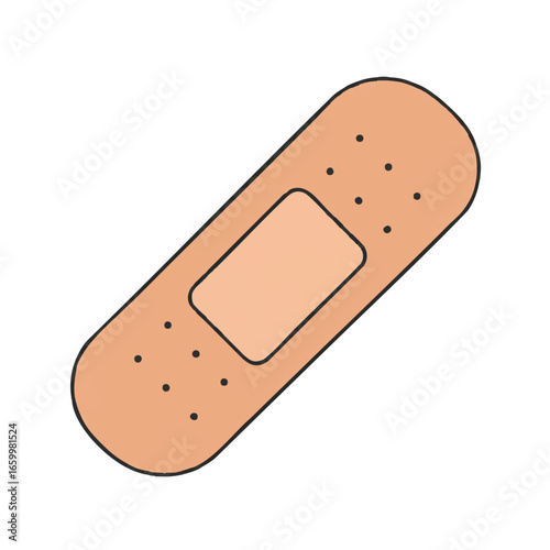 A minimalist 2D flat vector illustration depicts a single adhesive bandage with solid colors, rendered in a clean graphic design style and isolated on a pristine white background.