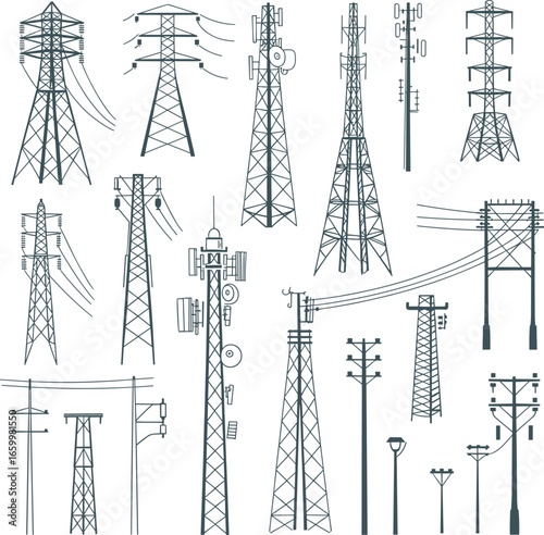 Collection of different electricity towers, telecom poles, utility structures, power line masts, and transmission infrastructure illustrations for energy and communication