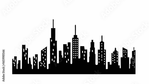 Silhouette of a cityscape with various buildings and skyscrapers against a white background landscape view