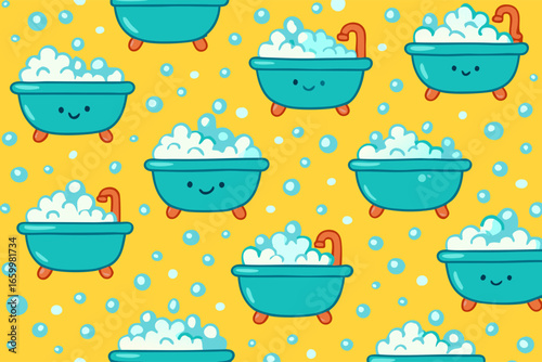 Cartoon Bathtub Pattern, Cute Bath Time Fun with Bubbles