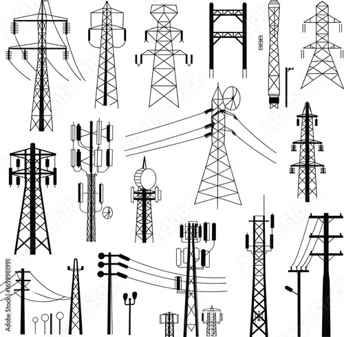 Collection of electric power poles, transmission towers, and telecommunication masts, infrastructure design vector for energy, utility, and signal distribution