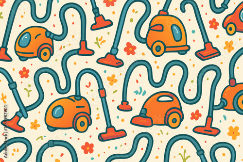 Cute Cartoon Vacuum Cleaners and Flowers Seamless Pattern