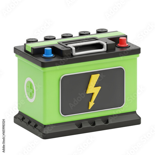 3D Rendered Green Car Battery with Yellow PNG file isolated on white transparent background hd file download.